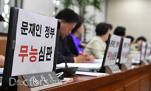 복지위  국정감사장서  '文정부 무능 심판' 시위