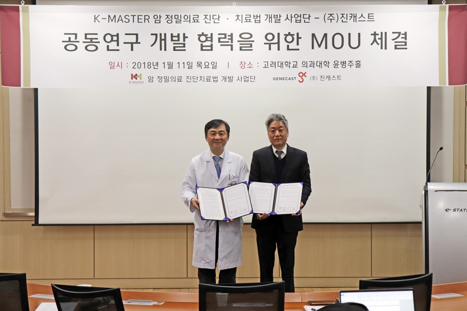 김열홍 K-master 사업단장(왼쪽)과 백승찬 <span class='searchWord'>진캐스트</span> 대표가 MOU를 체결하고 기념 사진을 찍고 있다.ⓒ의협신문