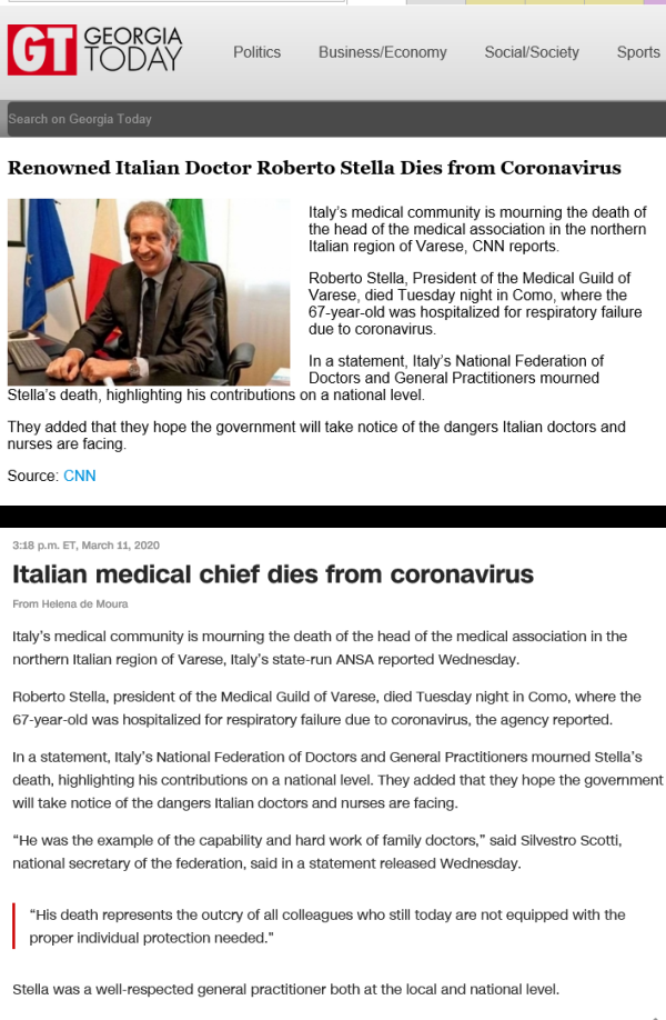 <span class='searchWord'>CNN</span>에 따르면 이탈리아 의사협회는 3월 11일 성명을 통해, 이탈리아 북부지역 의사협회장인 로베르토 스텔라(67)가 3월 10일 숨졌다고 밝혔다. (위: Georgia today 캡쳐, 아래: <span class='searchWord'>CNN</span> 캡쳐) ⓒ의협신문