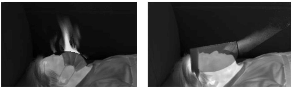 ■ 특수 적외선 카메라로 촬영한 마스크 착용 후 호흡기류 변화. 비말 마스크(왼쪽)와 쉴드 마스크(오른쪽).