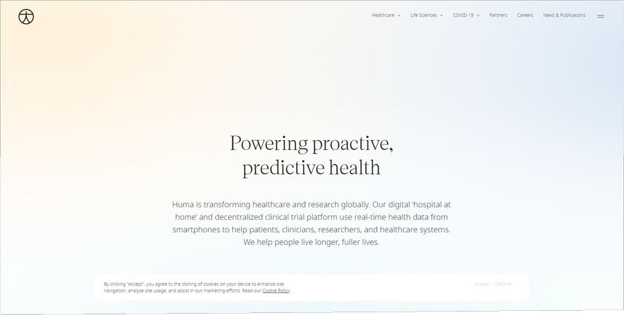 영국의 원격의료 스타트업 Huma가 유럽에 이어 미국과 아시아 시장 공략에 나섰다. Huma의 '디지털 재택병원'은 질병에 대한 사후 대응이 아니라 사전 예방에 중점을 둔 <span class='searchWord'>플랫폼</span>의 등장이다. Huma 홈페이지 첫 화면.